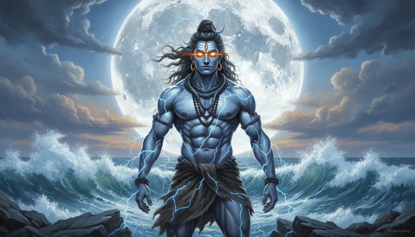 A muscular, dark-toned depiction of Lord Shiva with glowing blue eyes and lightning bolts across his body.