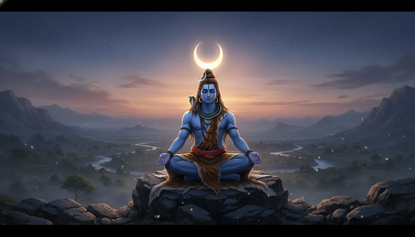Lord Shiva in meditation with a large crescent moon above his head in a mountain valley.