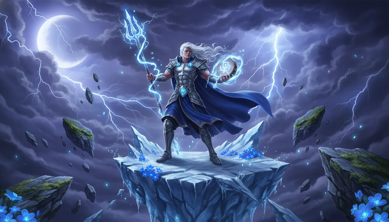 Divine figure holding a trident and drum while standing on a floating ice rock in a stormy cosmic sky