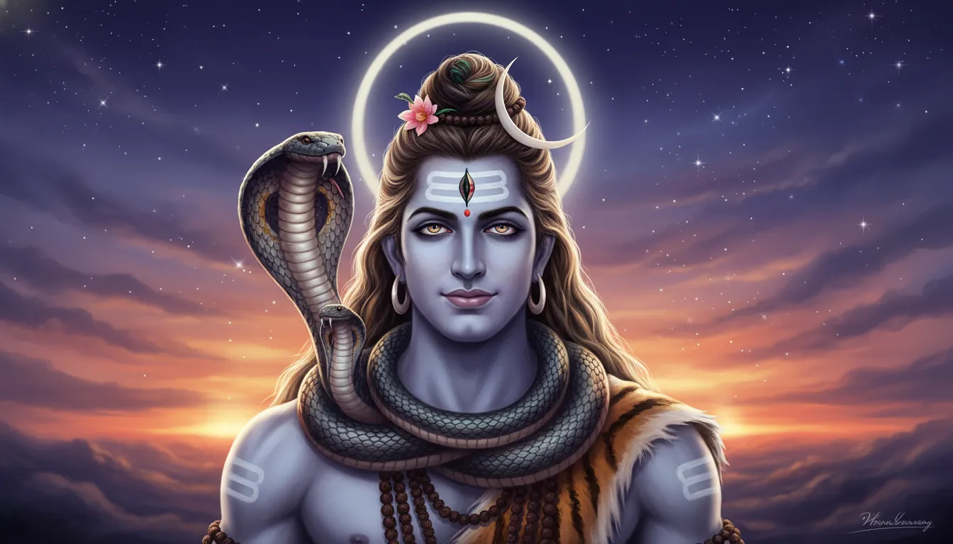 Artistic close-up portrait of Lord Shiva with a large cobra wrapped around his shoulders under a moonlit sky.