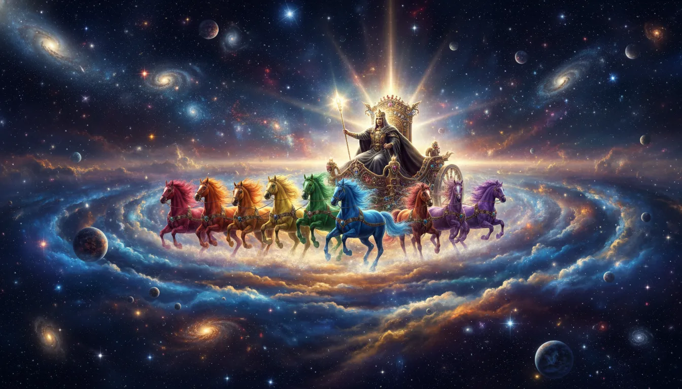 A divine figure seated on a golden chariot pulled by seven colorful horses under a star-filled cosmic sky.
