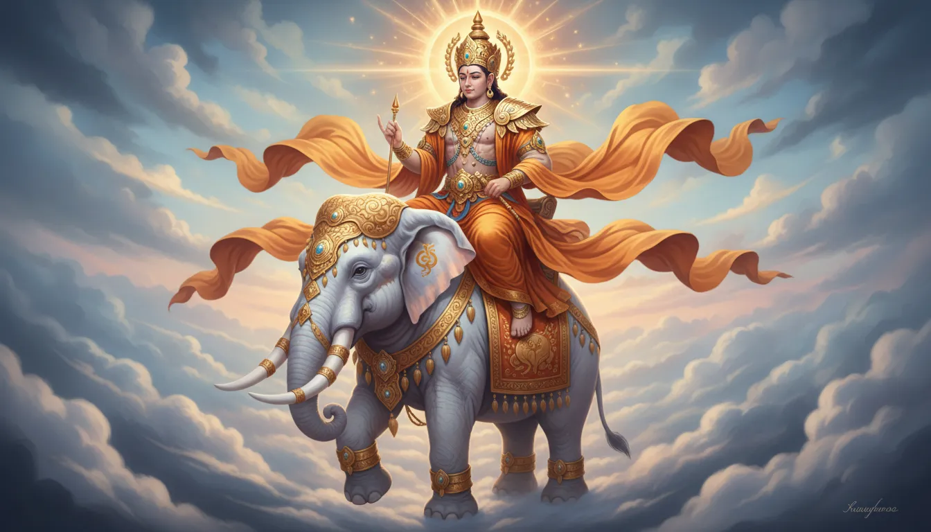 A crowned divine figure holding a spear while riding a decorated white elephant through glowing clouds.
