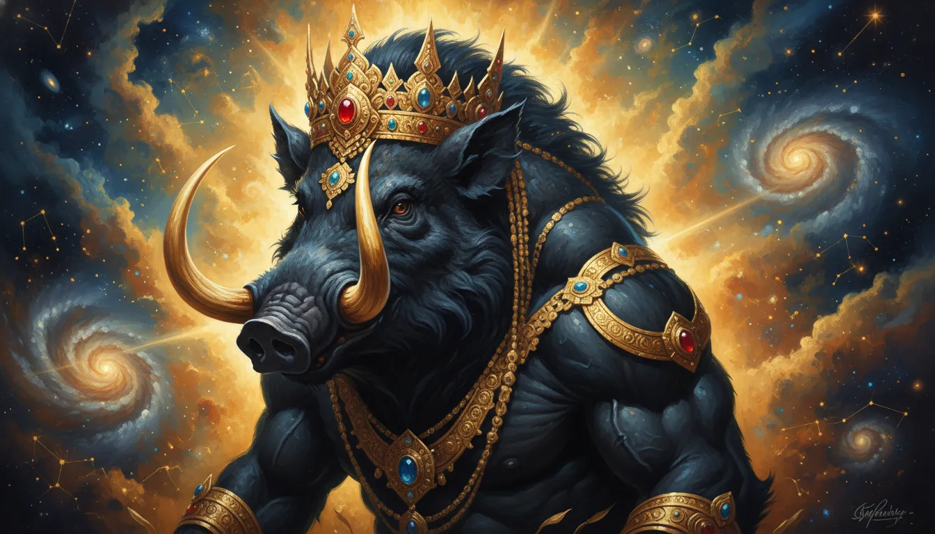 Mythological black boar figure adorned with a golden crown and ornaments against a glowing cosmic background.