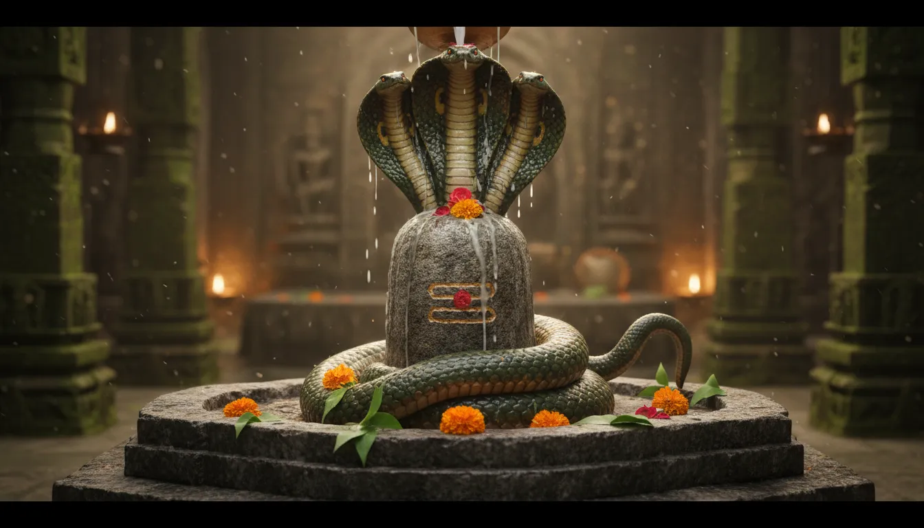 A realistic depiction of a king cobra protecting a black stone Shiva Lingam.