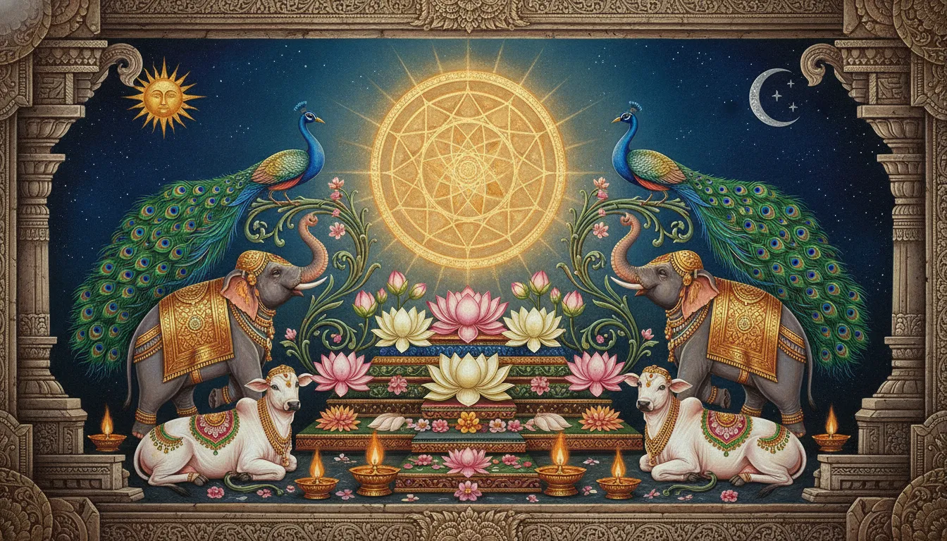 A symmetrical sacred artwork shows a glowing geometric mandala above lotus flowers, elephants, peacocks, cows, and temple decorations.