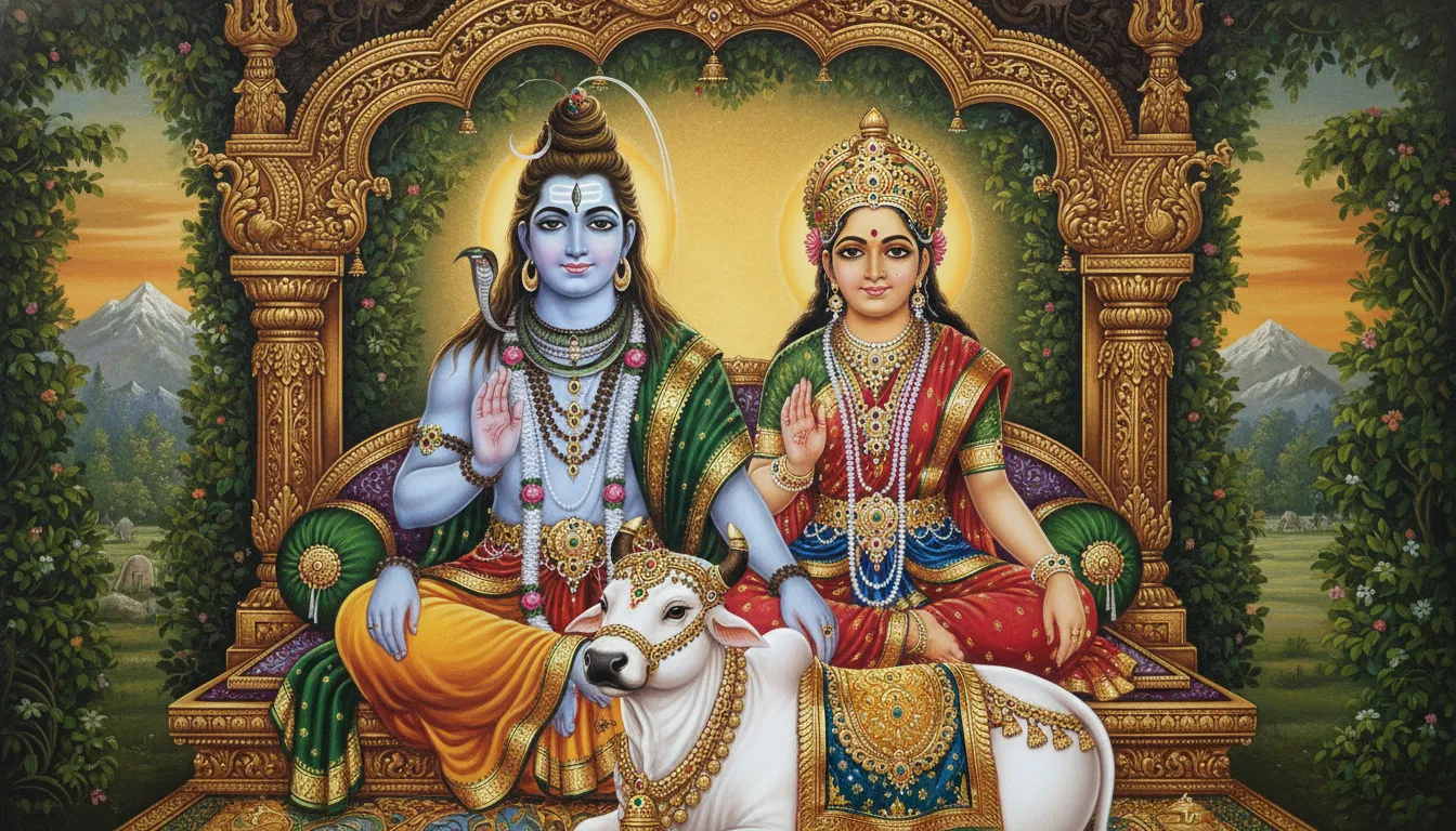 Traditional illustration of Shiva and Parvati seated with the sacred bull Nandi beneath an ornate arch.