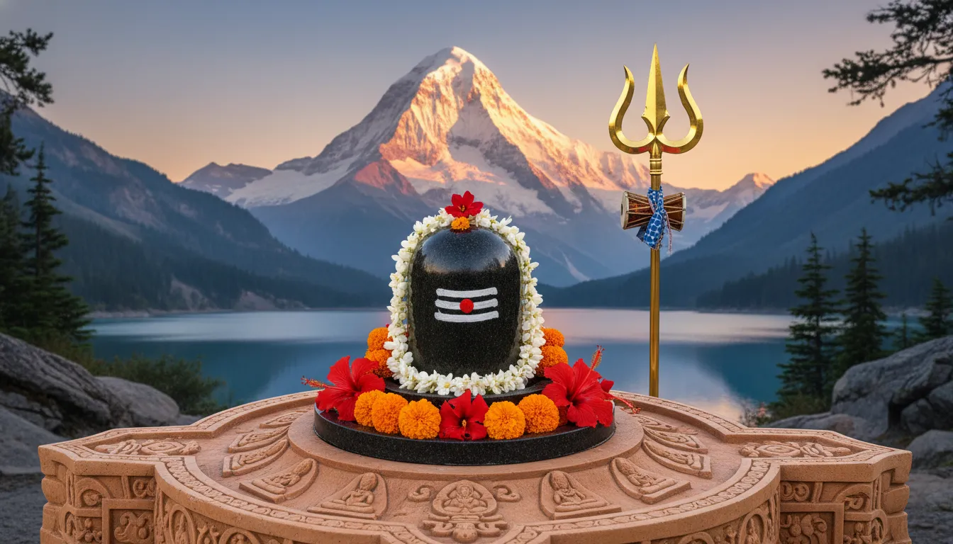 Shiva Lingam decorated with flowers beside a trident in front of a snowy Himalayan mountain landscape.