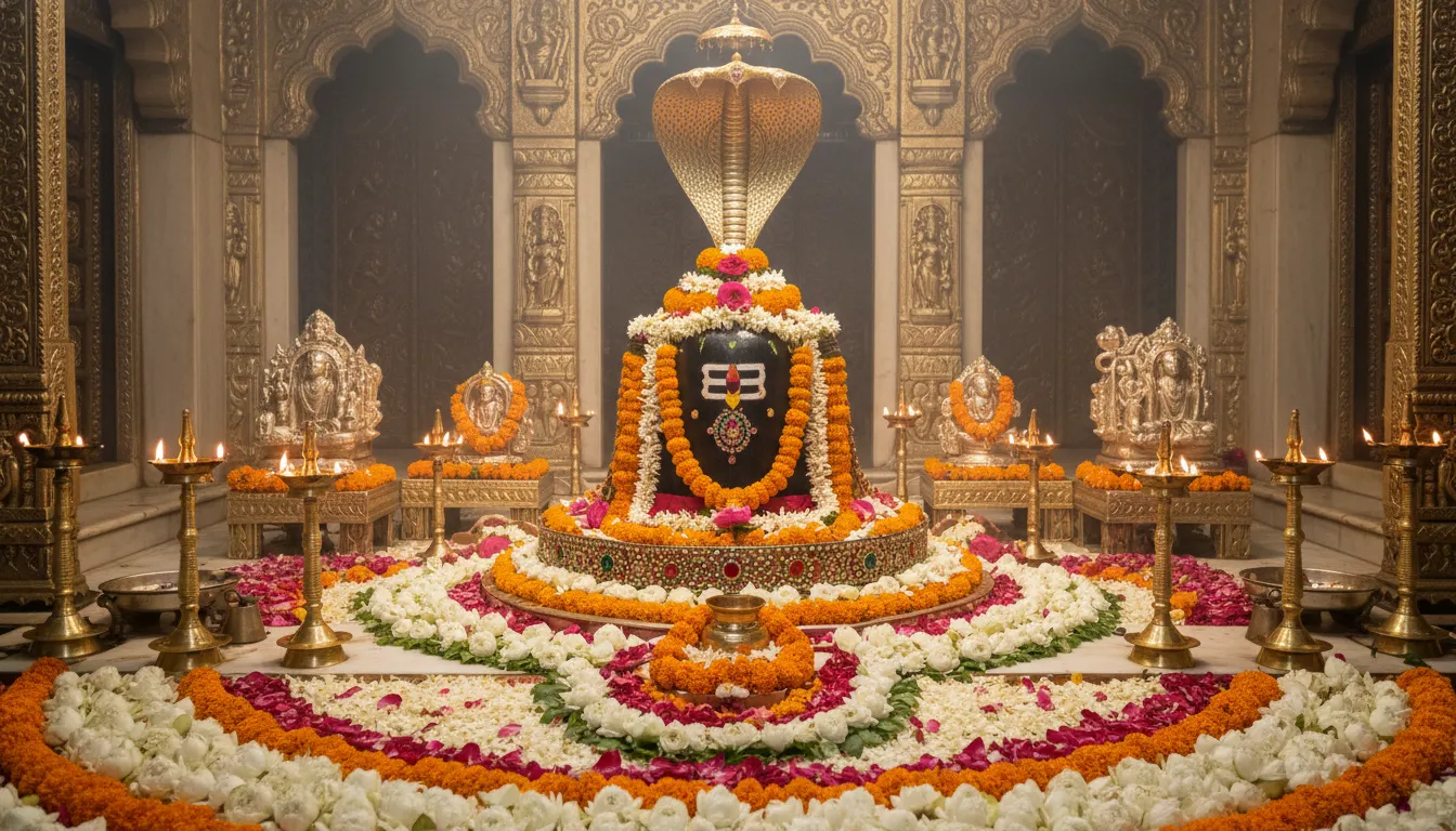 A black Shiva lingam shrine is decorated with flowers and surrounded by lotus blossoms, oil lamps, and golden temple decor.