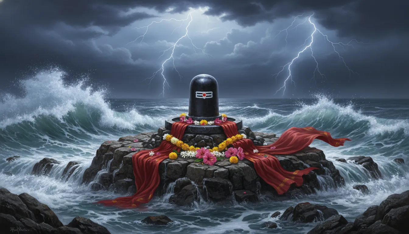 Shiva Lingam placed on a rocky island surrounded by ocean waves and lightning.