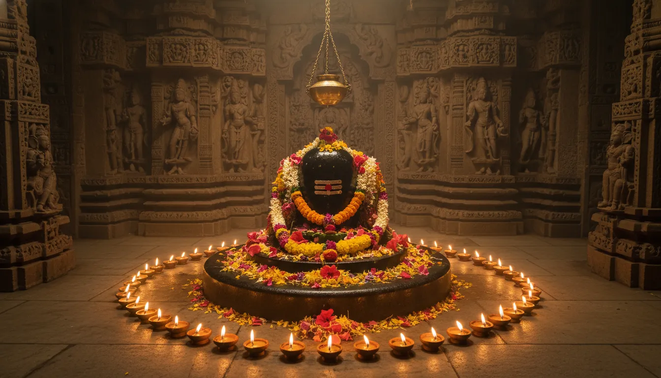 Decorated Shiva Lingam placed inside a traditional temple with glowing oil lamps and floral offerings.