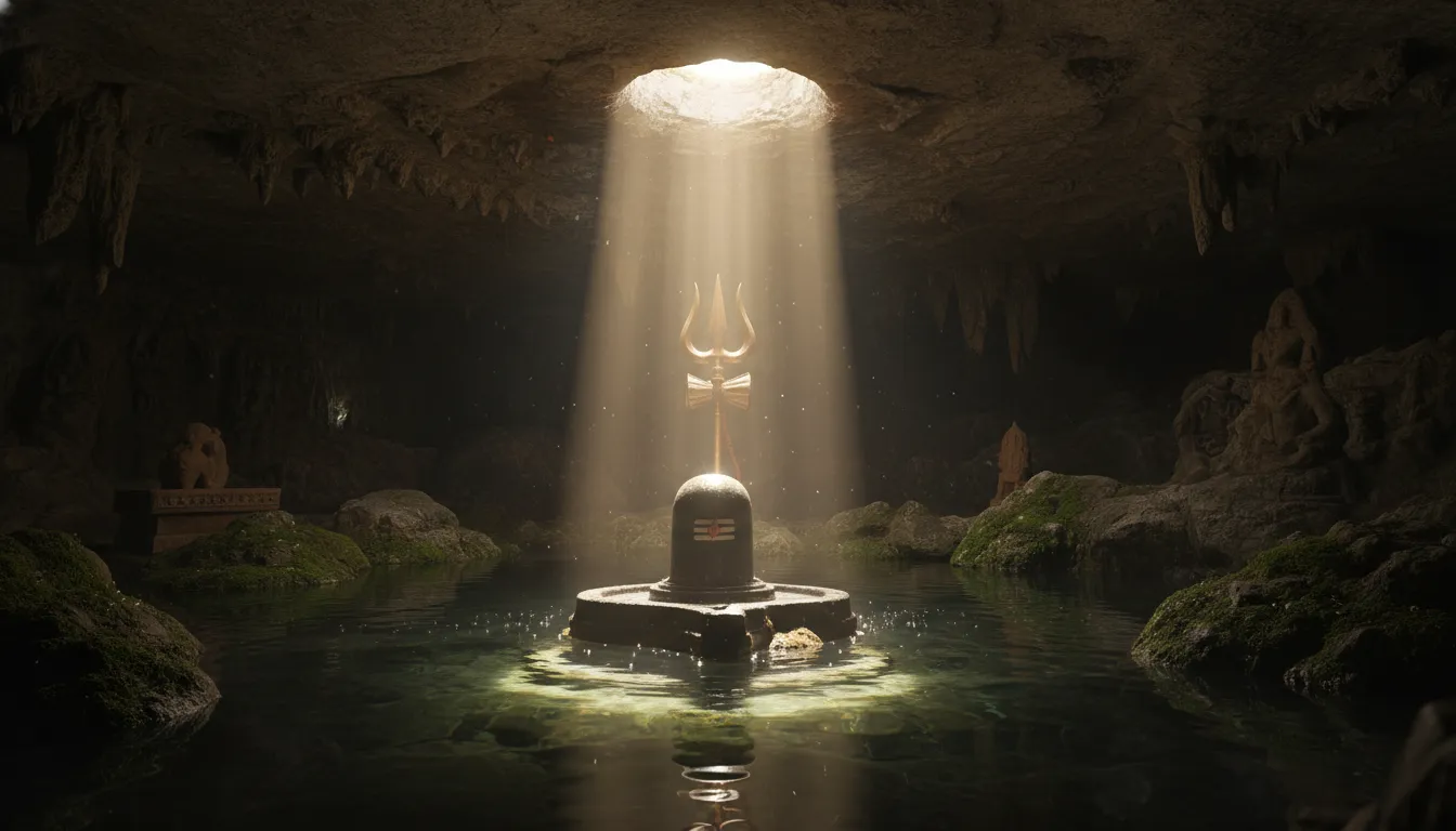 A black Shiva Lingam placed in the center of a water-filled cave with sunlight streaming from above.
