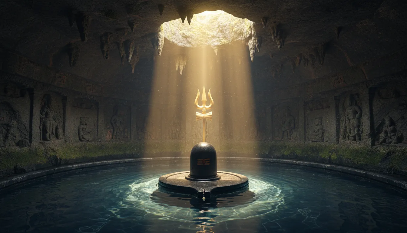 A black Shiva Lingam placed in the center of a water-filled cave with sunlight streaming from above.