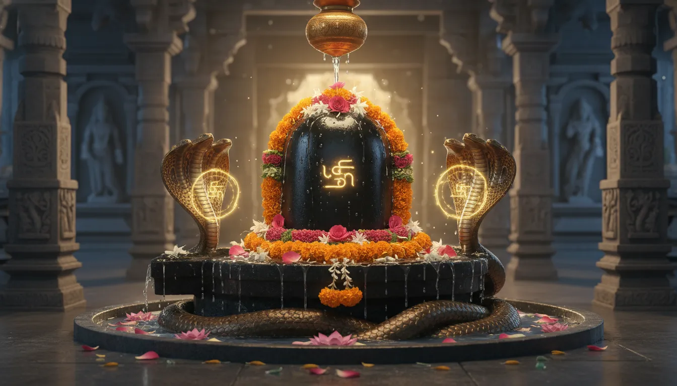 A decorated Shiva lingam surrounded by serpents, flowers, water, and temple-like surroundings.