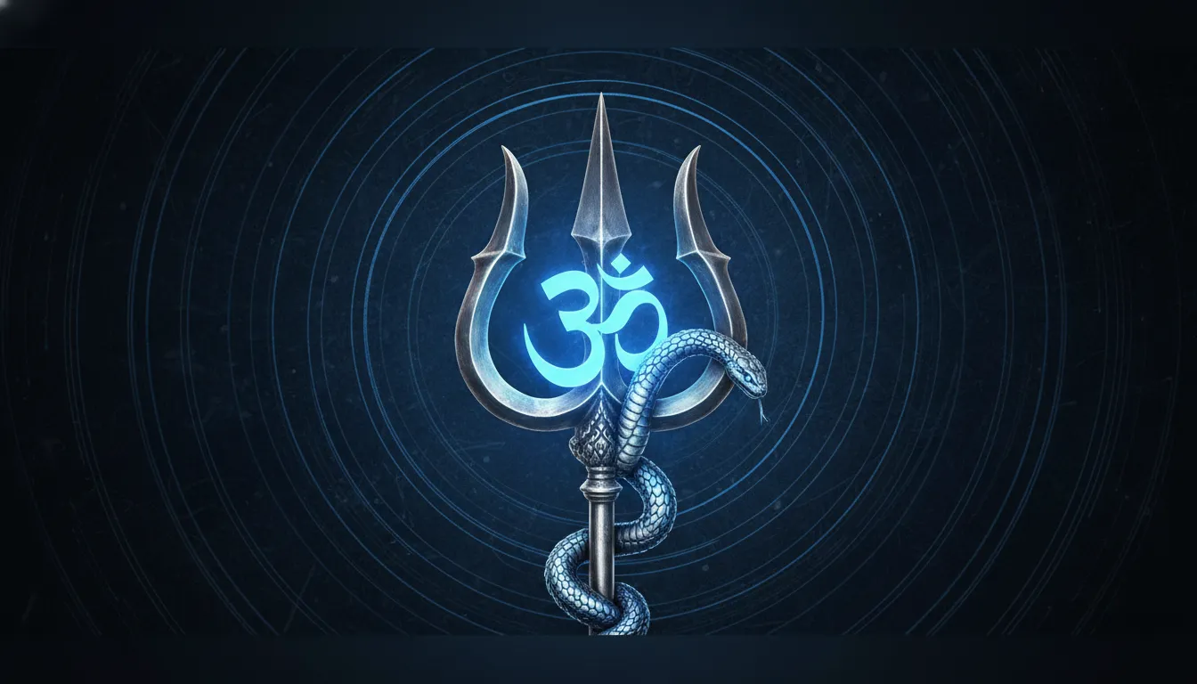 Dark metallic trident with glowing Om symbol and serpent wrapped around it.