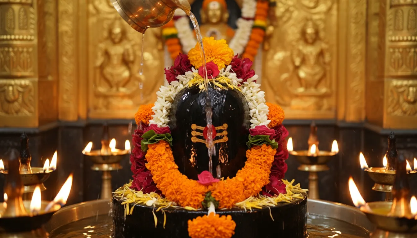 Water pouring over a decorated Shiva lingam surrounded by flowers, lamps, and temple details.
