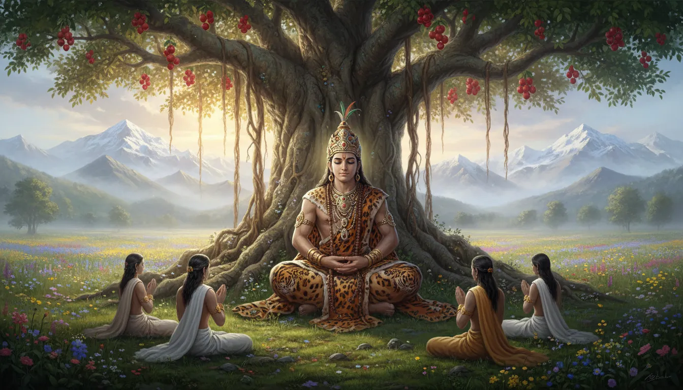 A seated divine figure under a large tree, surrounded by devotees, flowers, mountains, and greenery.