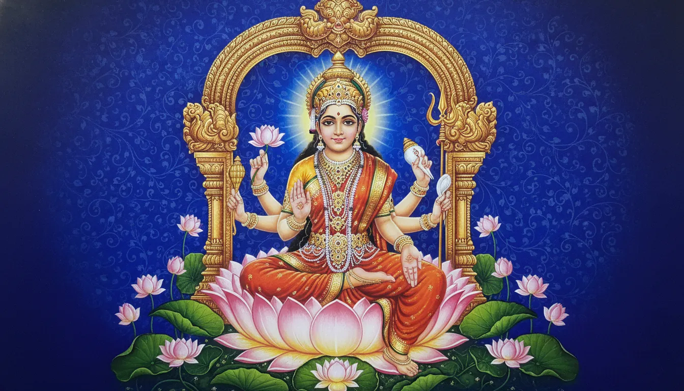 A Hindu goddess sits cross-legged holding flowers, a staff, and other sacred objects, surrounded by lotus flowers and ornate decoration.