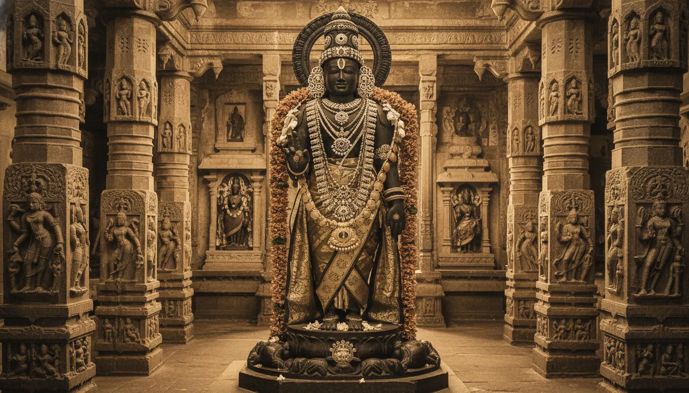 A sepia-toned temple idol standing with ornaments, garlands, and architectural pillars around it.