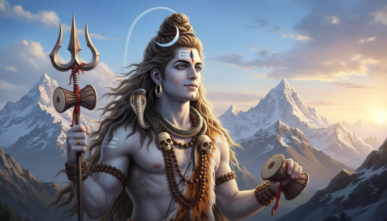 A close-up side profile of Lord Shiva with a crescent moon on his head and the Himalayas in the background.