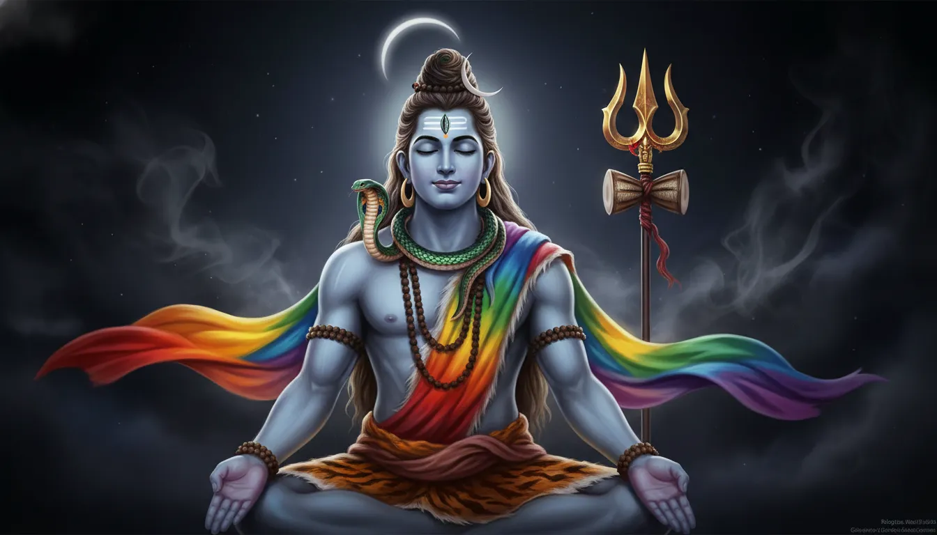 Digital artwork of Lord Shiva with closed eyes, a crescent moon above his head, a snake around his neck, and colorful rainbow drapes against a dark background.