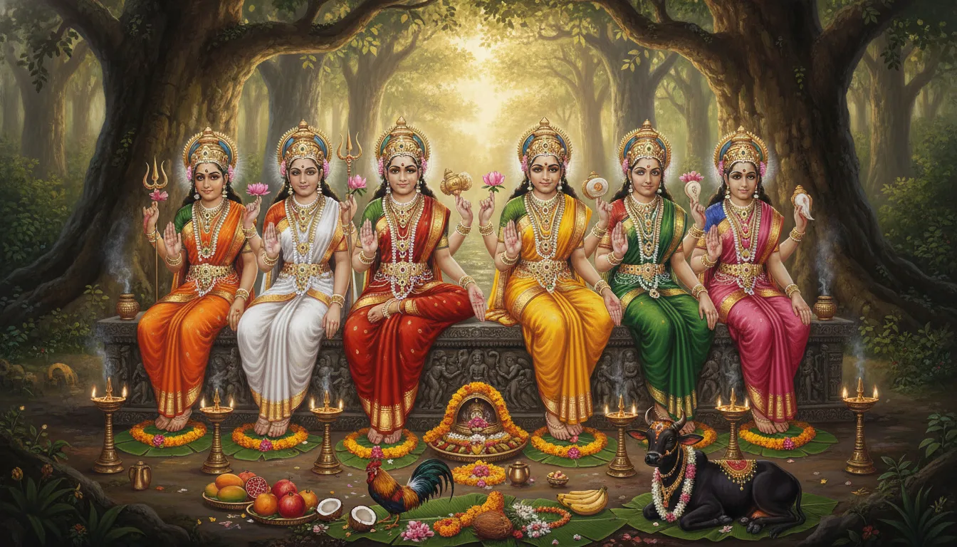 Seven richly adorned Hindu goddesses seated together in a forest shrine surrounded by lamps, offerings, a rooster, and a black calf.