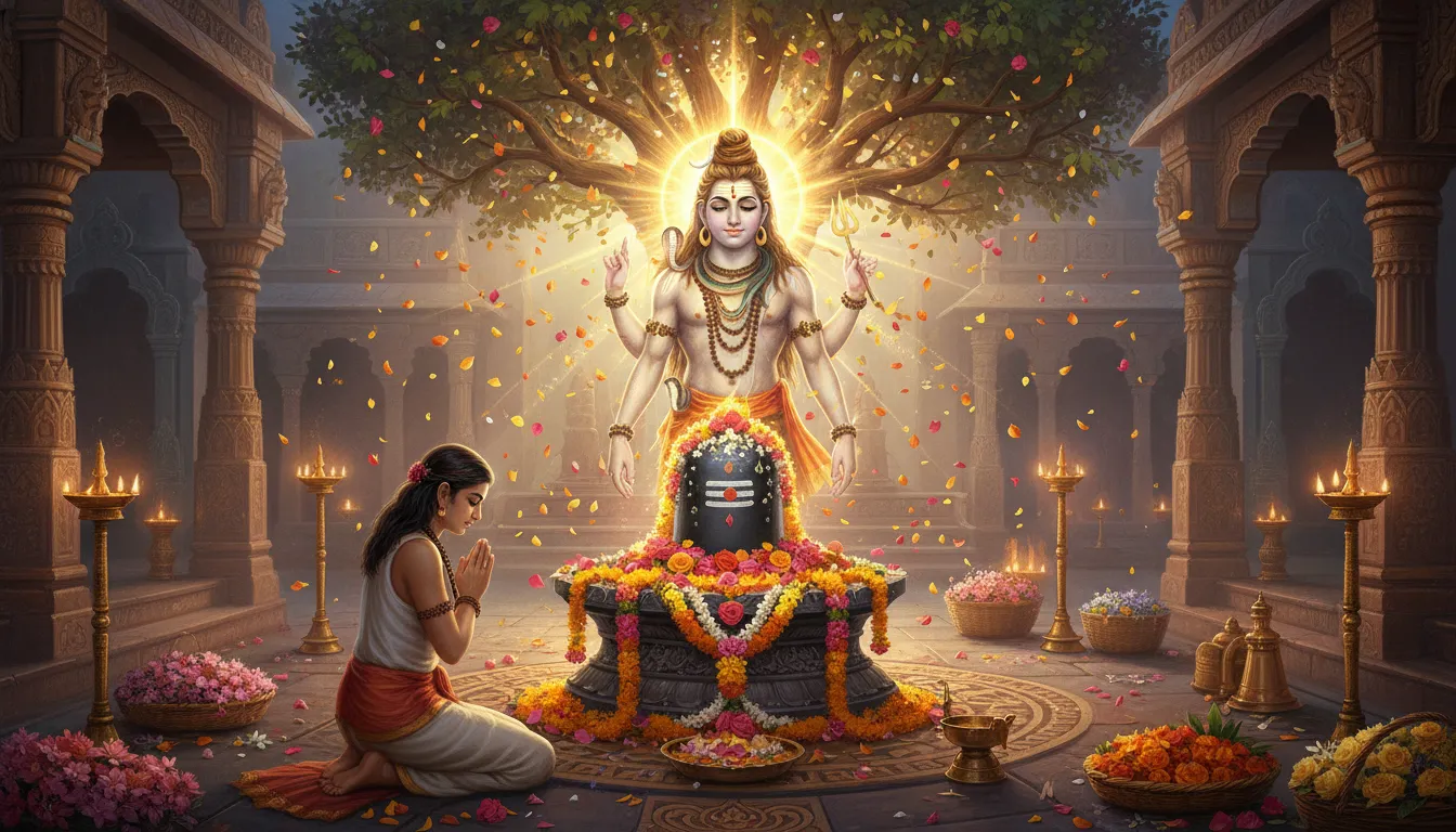 A glowing Shiva figure blesses a kneeling devotee beside a flower-decorated Shiva lingam under a large tree.