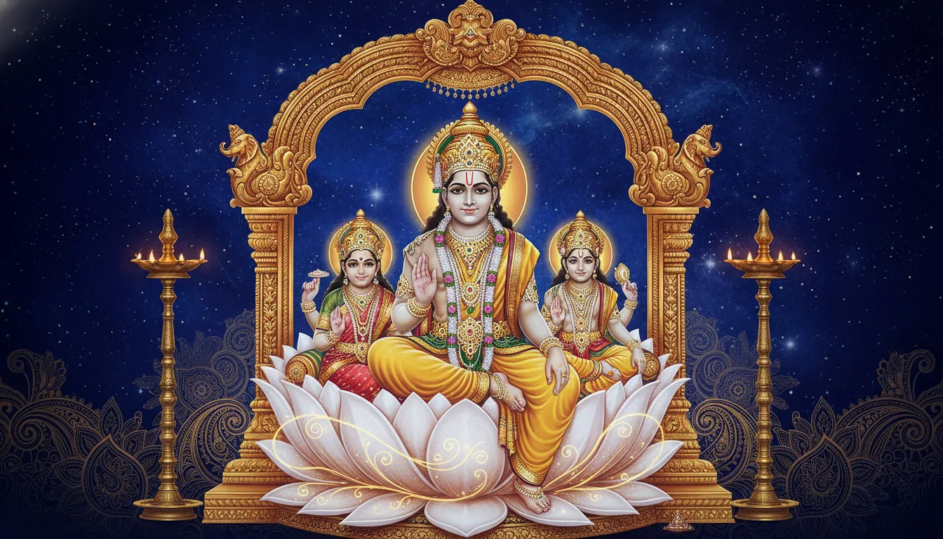 A seated Shiva family scene shows Shiva with Parvati and children, surrounded by a golden arch, lotus seat, lamps, and a dark blue background.