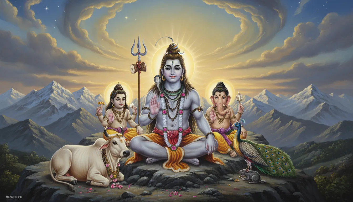 A vibrant painting of Lord Shiva sitting with his sons Ganesha and Kartikeya, accompanied by Nandi and a peacock.