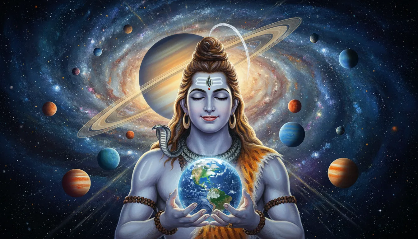 Lord Shiva gently holding the Earth in his hands with the solar system and a galaxy in the background.