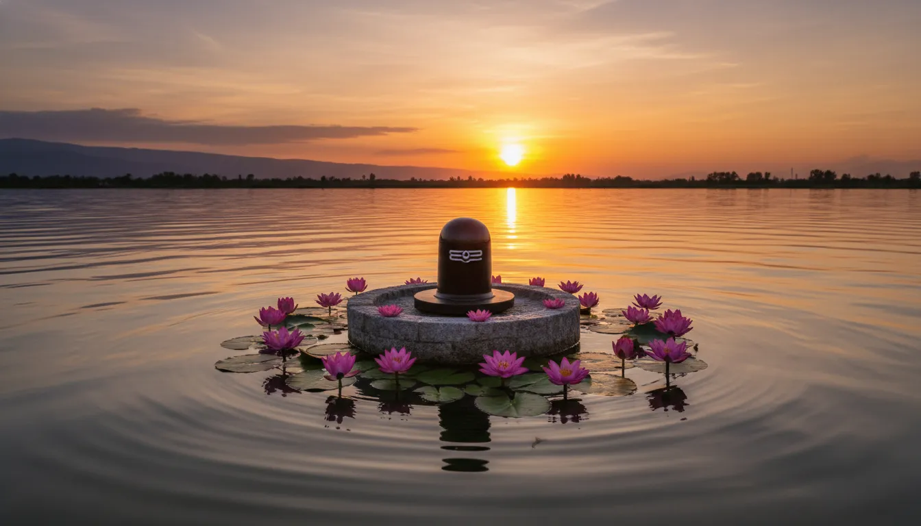 A Shiva lingam decorated with lotus flowers floating on calm water during a golden sunset.