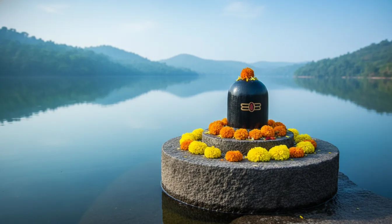 A decorated Shiva Lingam placed beside calm water with flowers around it.