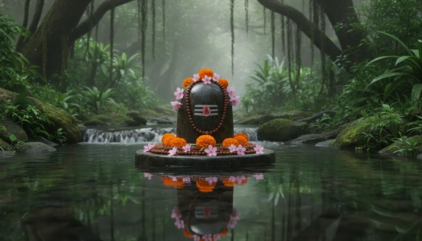 A peaceful Shiva Lingam decorated with flowers and beads, placed in water among bright green forest plants and a small stream.