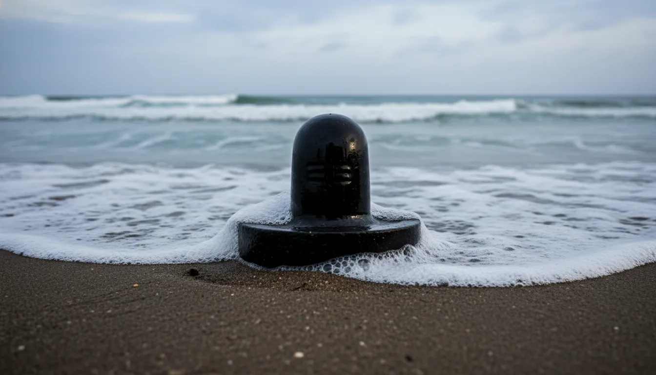 A black Shiva Lingam placed near sea foam on a sandy beach with waves in the background.