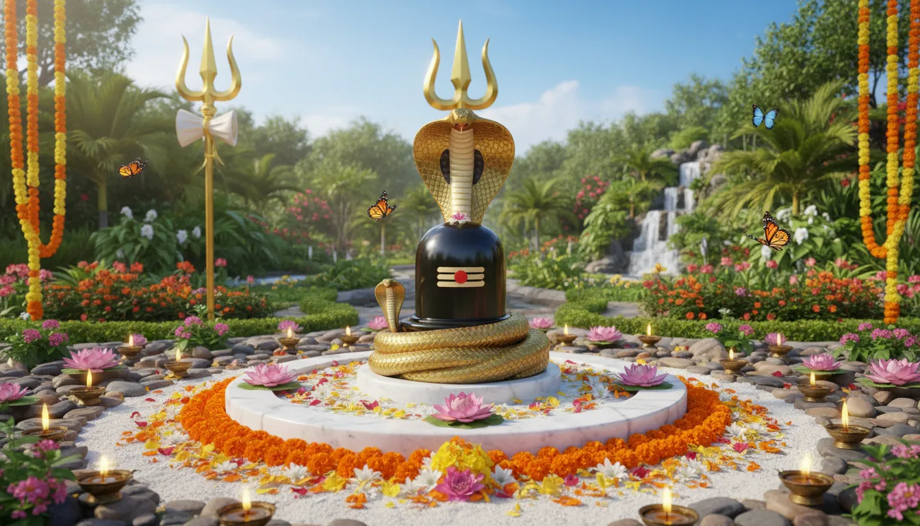 Shiva lingam decorated with flowers, cobra, trident, and glowing lamps in a colorful garden