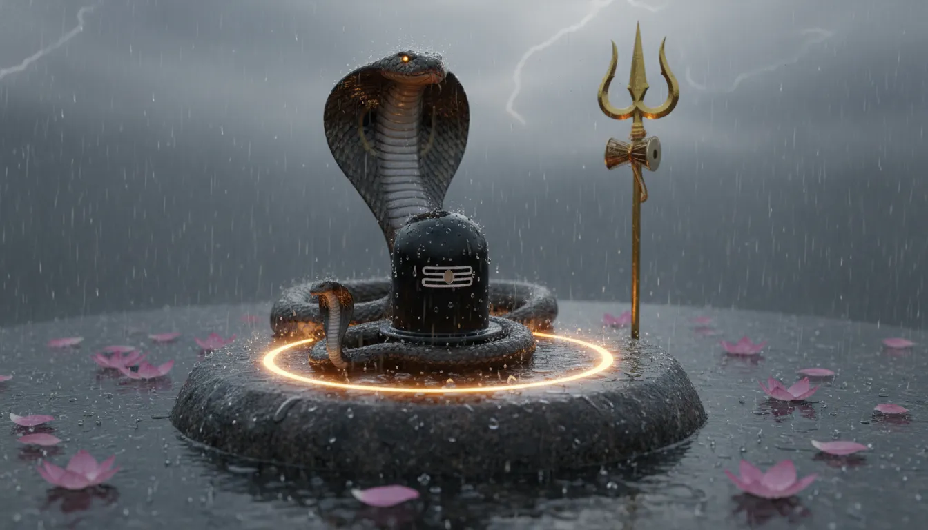 Black Shiva lingam with cobra, trident, lotus petals, rain, and glowing devotional base