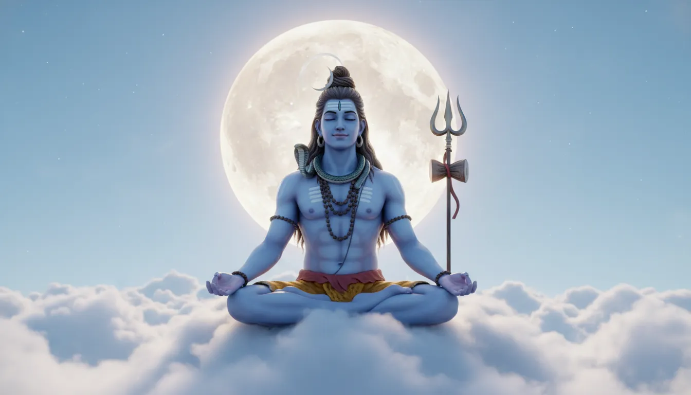 Lord Shiva meditating under a stream of water flowing from above with a devotee nearby