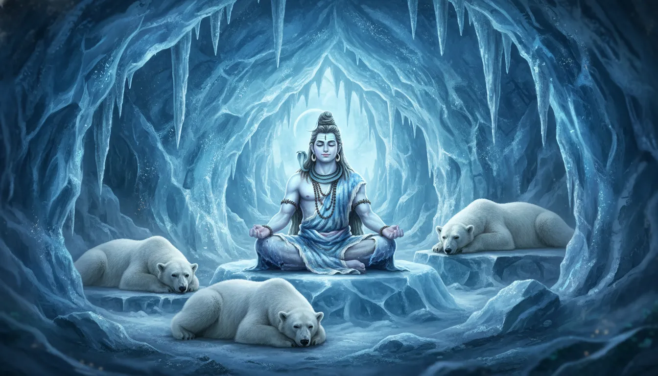Lord Shiva sitting in meditation inside a blue ice cave with polar bears nearby.