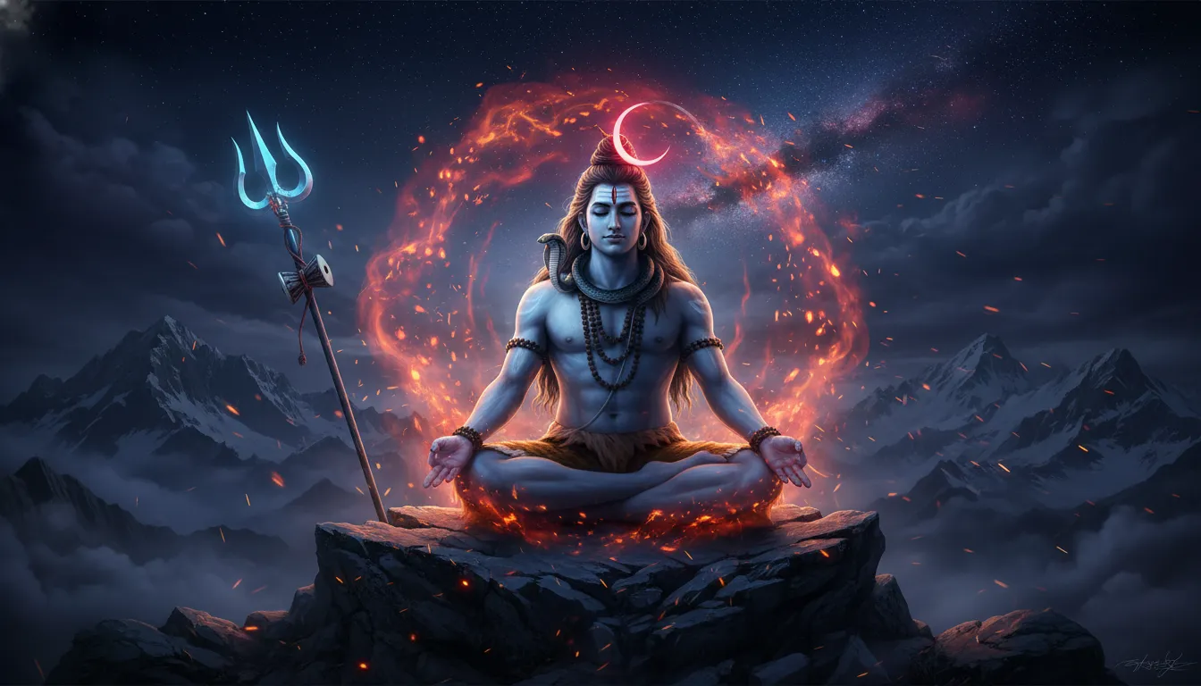 Lord Shiva in deep meditation under a glowing red crescent moon with embers flying in the air.