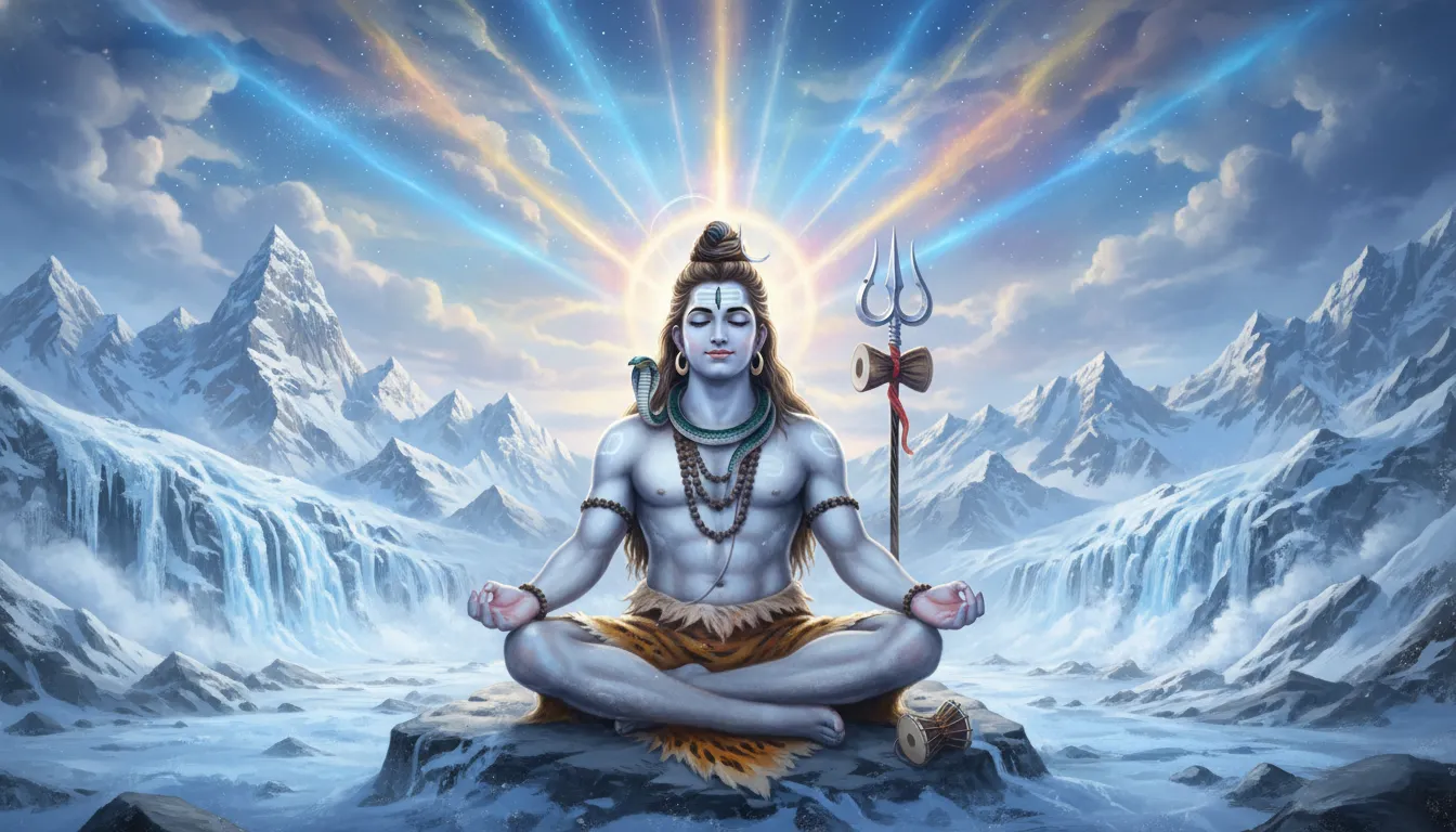 Full HD wallpaper of Lord Shiva meditating in a snowy divine landscape.