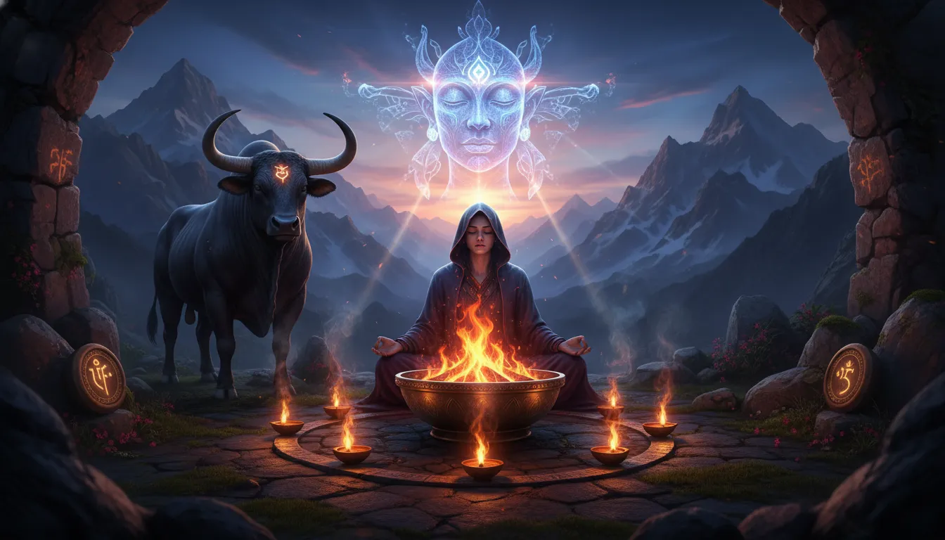 A meditating Shiva-inspired figure seated near sacred fire, oil lamps, mountain background, bull, and a large divine face behind.