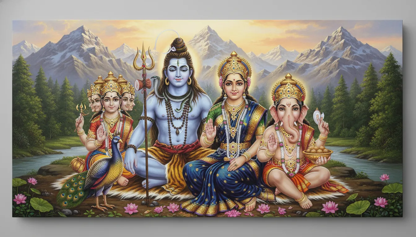 Traditional painting of Lord Shiva, Goddess Parvati, Lord Ganesha, and Kartikeya together as a divine family.