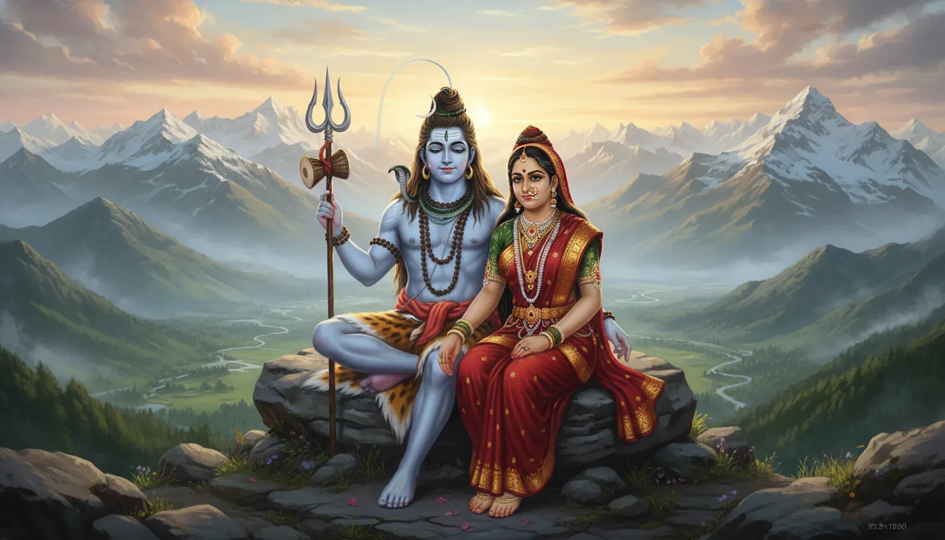 Lord Shiva and Parvati peaceful portrait with mountains and spiritual background