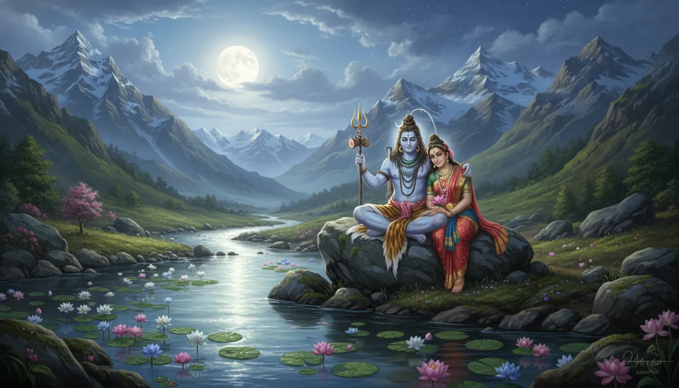 Lord Shiva and Parvati near a sacred river with lotus flowers and mountain scenery