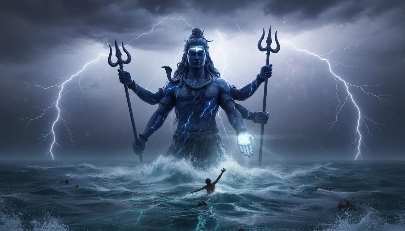 Giant figure of Shiva emerging from stormy sea extending a hand toward a person