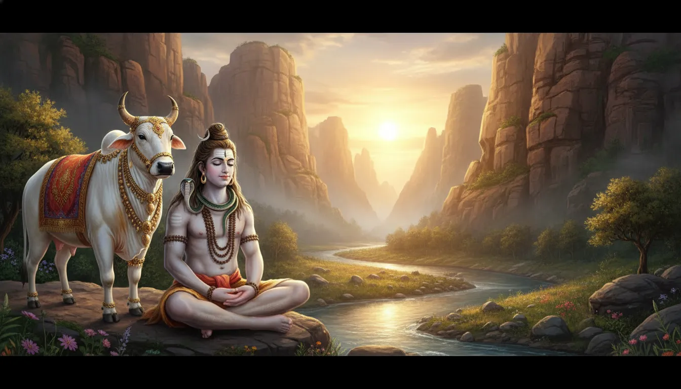 Divine figure sitting peacefully beside a decorated white bull in a mountain valley landscape