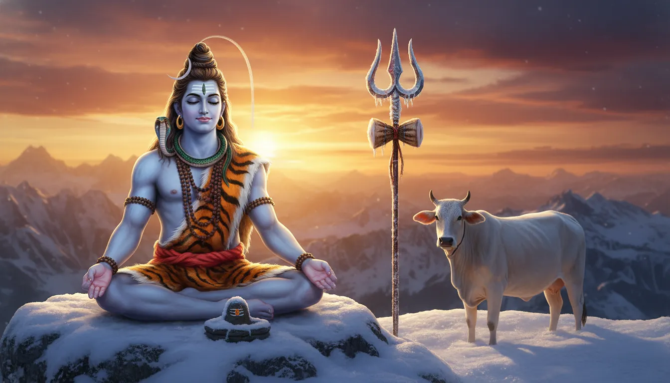A Shiva figure seated in meditation on snow-covered ground with a trident, cow, Shivling, and warm sunset sky.