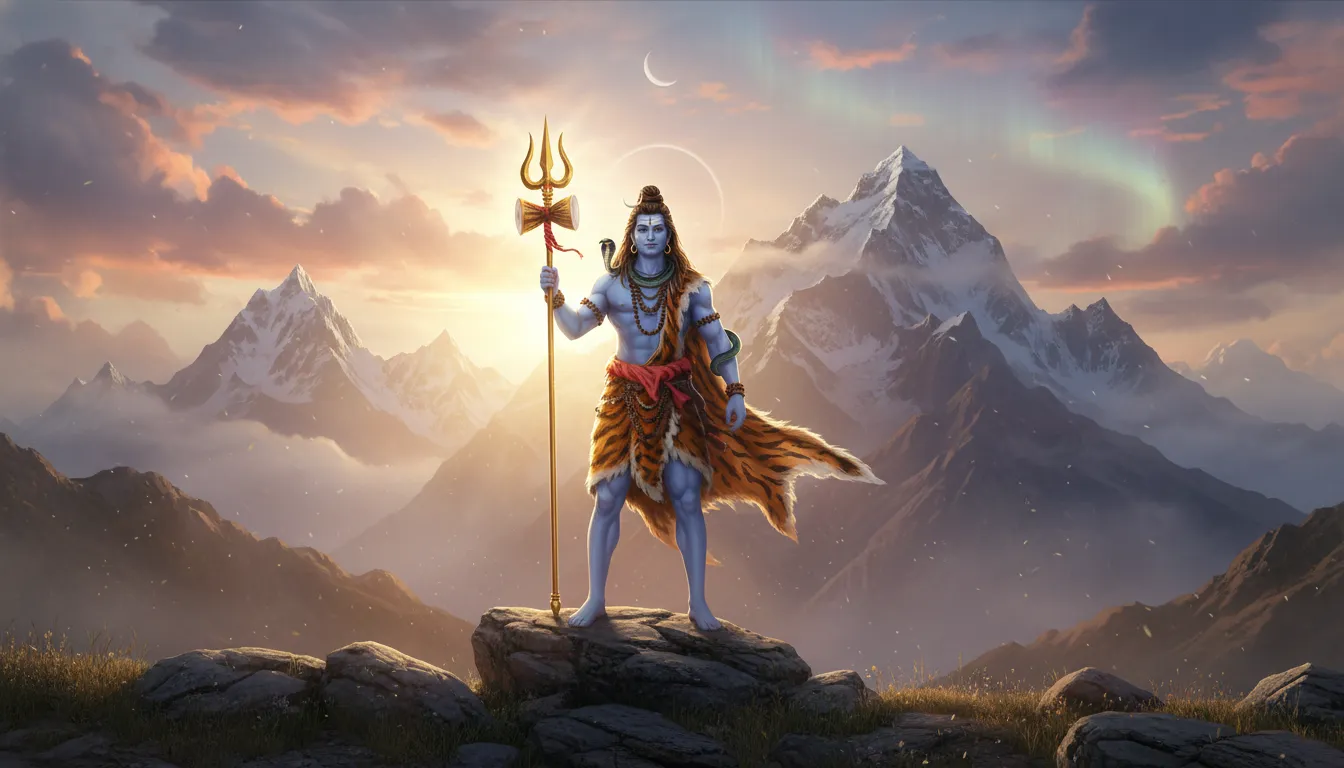 Shiva-inspired figure holding a trident in snowy mountains with a crescent moon glowing above.