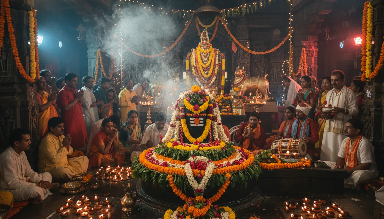 Shiva Lingam in temple surrounded by smoke, lights, and decorations