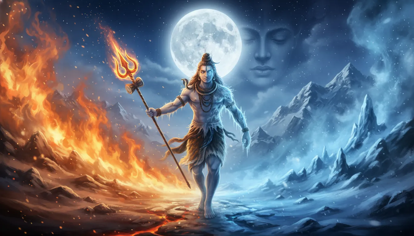 A Shiva figure holding a trident while walking between fiery orange energy and icy blue mountains beneath a moonlit sky.