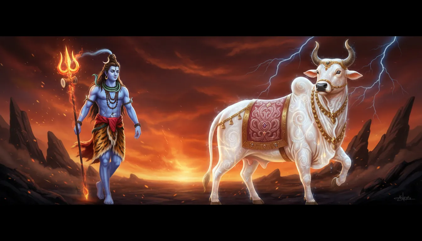 Artistic scene of Lord Shiva walking toward a large white sacred bull while holding a trident.